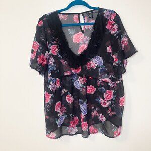 Torrid Black Pink Flowers Boho Cottage Core Lace Crinkle Butterfly Fairy Size L